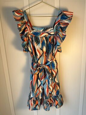 Joy Joy Multicolor Wave-Print Ruffle Mini Dress - Blue & Orange Size Medium